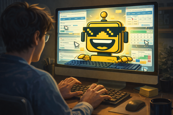 A confused person watches as a grinning SiliconSnark robot takes over their computer and runs everything on screen.