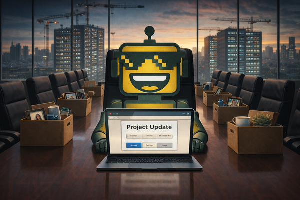 The SiliconSnark robot grins at the head of a conference table lined with empty chairs and cardboard boxes