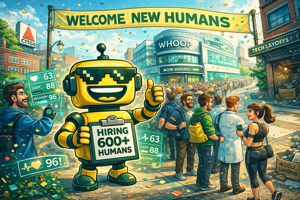Cartoon SiliconSnark robot welcoming hundreds of new hires in Boston as wearable health tech company WHOOP announces a major hiring surge.